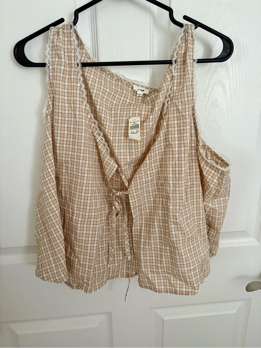 Aerie Beige Plaid Tie-Front Tank Top